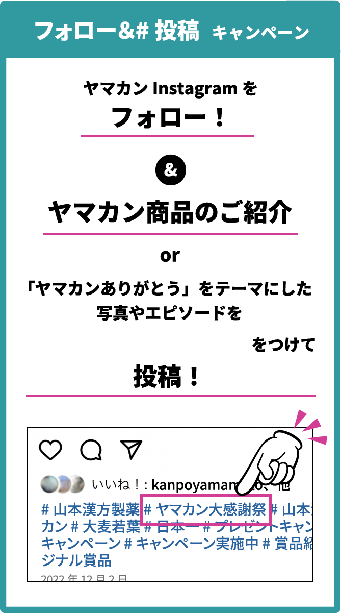 フォロー＆#投稿 キャンペーン ヤマカンInstagramをフォロー！ & ヤマカン商品のご紹介 or 「ありがとう」をテーマにした写真やエピソードを「#ヤマカン感謝祭」をつけて投稿！