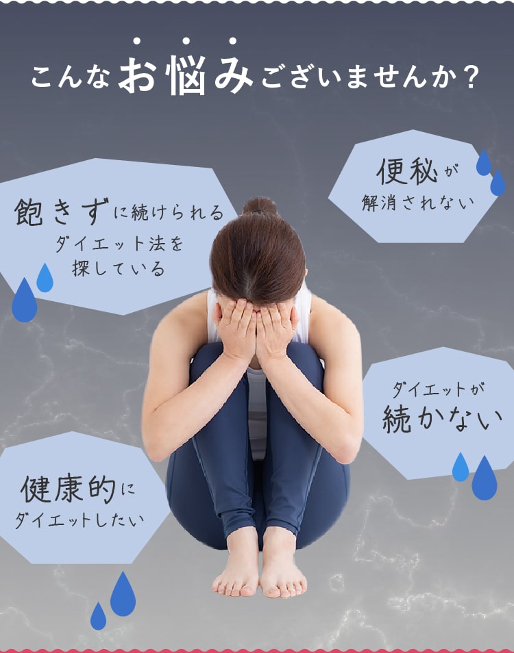 こんなお悩みございませんか？飽きずに続けられるダイエット法を探している。便秘が解消されない。健康的にダイエットしたい。ダイエットが続かない。