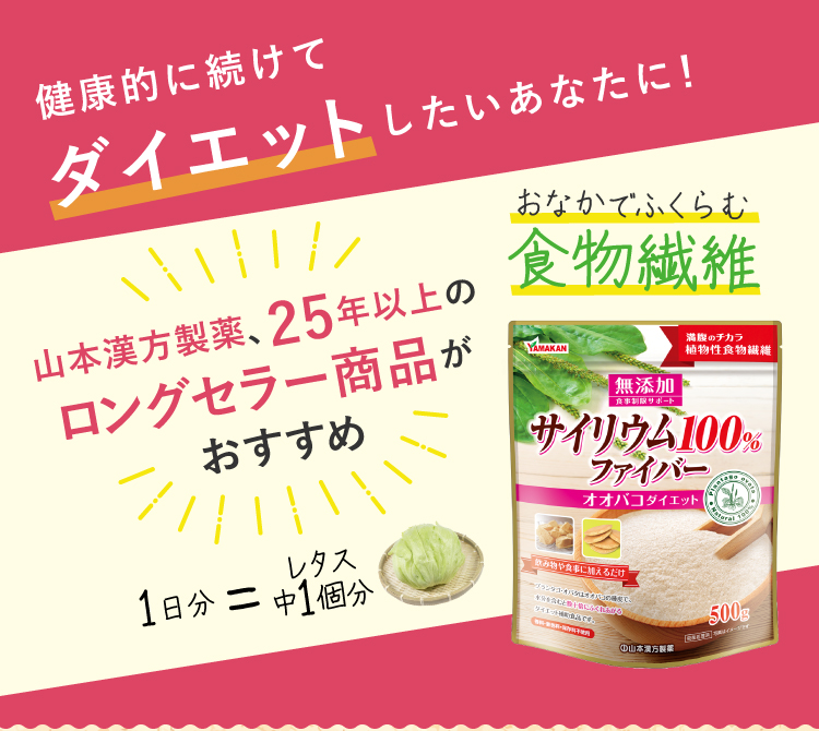 健康的に続けてダイエットしたいあなたに！山本漢方製薬、25年以上のロングセラー商品がおすすめ　1日分＝レタス1個分