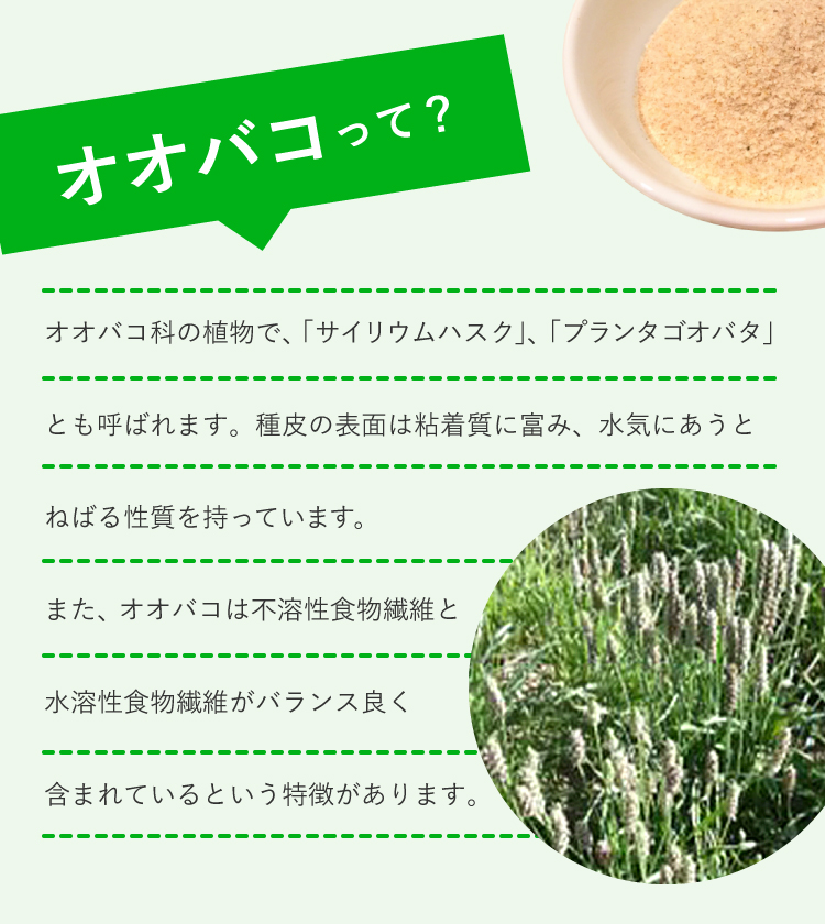 オオバコって？　オオバコ科の植物で、「サイリウムハスク」、「プランタゴオバタ」とも呼ばれます。種皮の表面は粘着質に富み、水気にあうとねばる性質を持っています。「オオバコの種皮」は植物性の不溶性食物繊維です。