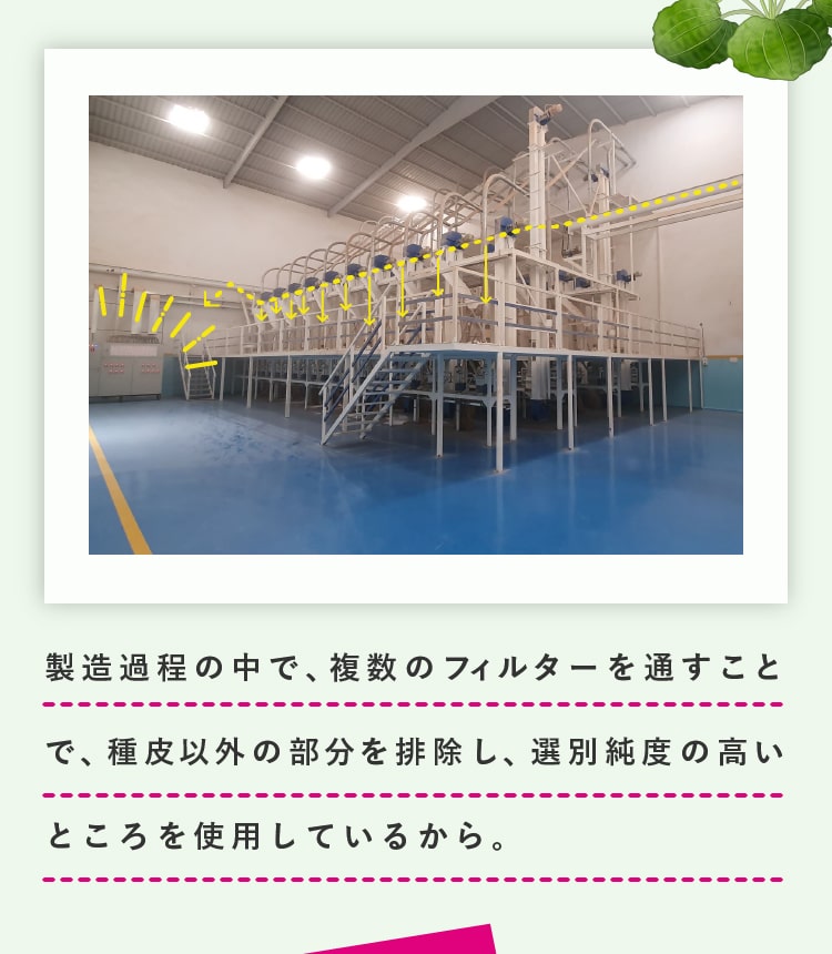 製造過程の中で、複数のフィルターを通すことで、種皮以外の部分を排除することで、選別純度の高いところを使用しているから。